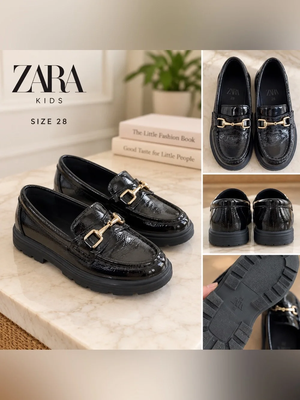 Zara Kids Black Patent Loafers with Gold Buckle
